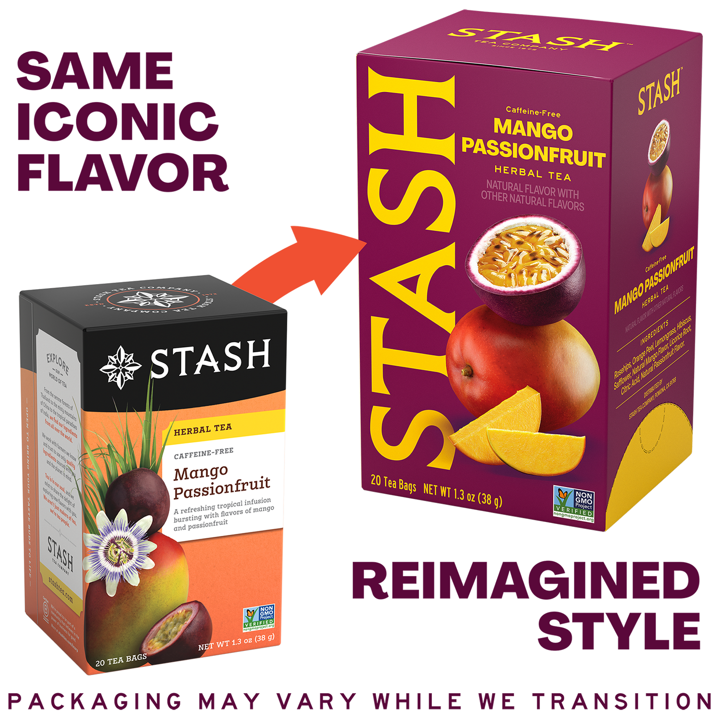 A promotional comparison graphic for Stash herbal tea packaging, showing the old style small mango passionfruit box on the left and a larger reimaged style box on the right. Large text reads 'SAME ICONIC FLAVOR' and 'REIMAGINED STYLE,' with a fruit illustration and flavor name Mango Passionfruit on both boxes.