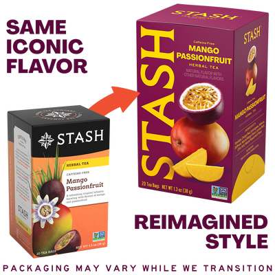 A promotional comparison graphic for Stash herbal tea packaging, showing the old style small mango passionfruit box on the left and a larger reimaged style box on the right. Large text reads 'SAME ICONIC FLAVOR' and 'REIMAGINED STYLE,' with a fruit illustration and flavor name Mango Passionfruit on both boxes.