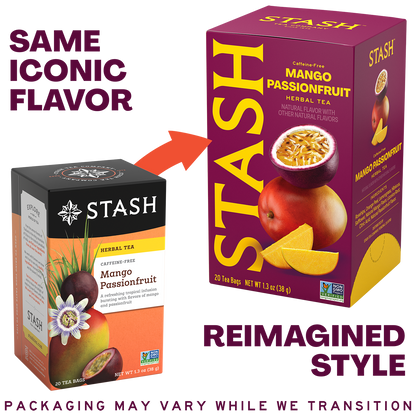 A promotional comparison graphic for Stash herbal tea packaging, showing the old style small mango passionfruit box on the left and a larger reimaged style box on the right. Large text reads 'SAME ICONIC FLAVOR' and 'REIMAGINED STYLE,' with a fruit illustration and flavor name Mango Passionfruit on both boxes.