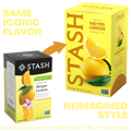 A promotional comparison graphic showing two Stash tea boxes on a white background. The left box is the old style with a black top and yellow lower portion, labeled 'Same Iconic Flavor.