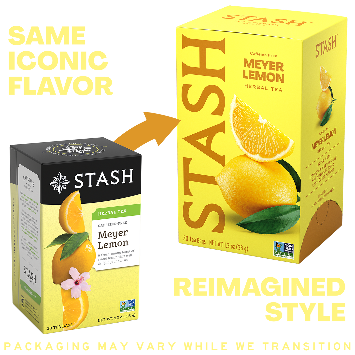 A promotional comparison graphic showing two Stash tea boxes on a white background. The left box is the old style with a black top and yellow lower portion, labeled 'Same Iconic Flavor.