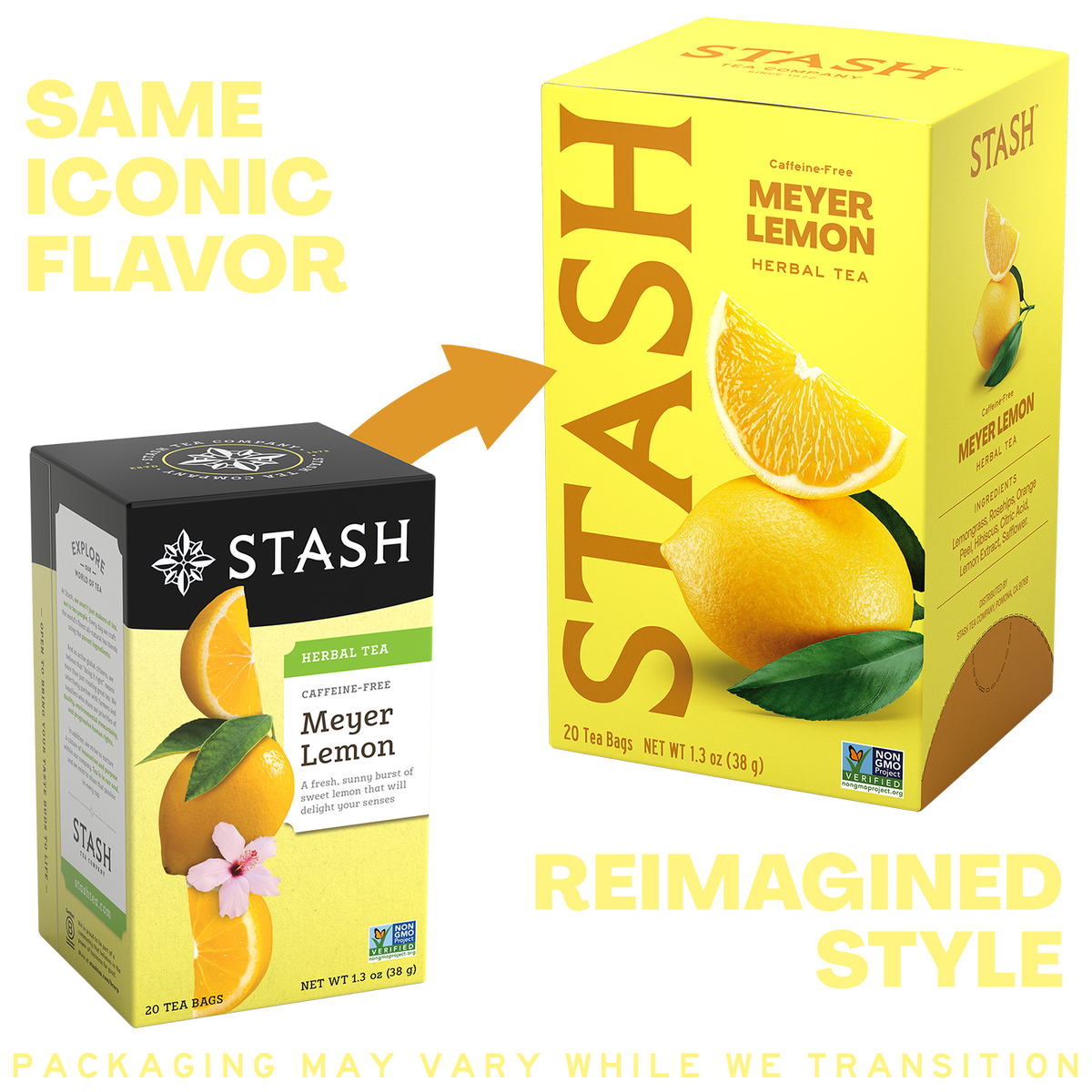 A promotional comparison graphic showing two Stash tea boxes on a white background. The left box is the old style with a black top and yellow lower portion, labeled 'Same Iconic Flavor.