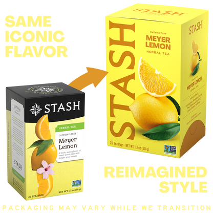 A promotional comparison graphic showing two Stash tea boxes on a white background. The left box is the old style with a black top and yellow lower portion, labeled 'Same Iconic Flavor.