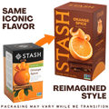 A promotional graphic showing two Stash tea boxes for Orange Spice black tea, one in a traditional style and one in a reimagined style. The text 'SAME ICONIC FLAVOR' points to the traditional box on the left, and 'REIMAGINED STYLE' points to the larger brown box on the right with orange slice graphics.