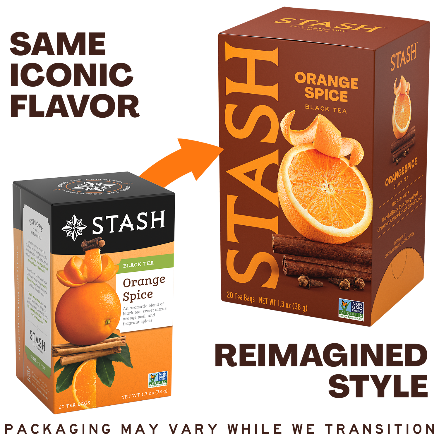 A promotional graphic showing two Stash tea boxes for Orange Spice black tea, one in a traditional style and one in a reimagined style. The text 'SAME ICONIC FLAVOR' points to the traditional box on the left, and 'REIMAGINED STYLE' points to the larger brown box on the right with orange slice graphics.