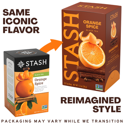 A promotional graphic showing two Stash tea boxes for Orange Spice black tea, one in a traditional style and one in a reimagined style. The text 'SAME ICONIC FLAVOR' points to the traditional box on the left, and 'REIMAGINED STYLE' points to the larger brown box on the right with orange slice graphics.