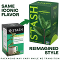 A promotional comparison graphic for Stash peppermint herbal tea showing a smaller old-style tea box on the left and a larger redesigned tea box on the right. Text reads 'SAME ICONIC FLAVOR' and 'REIMAGINED STYLE,' with a green arrow pointing from the old box to the new box.