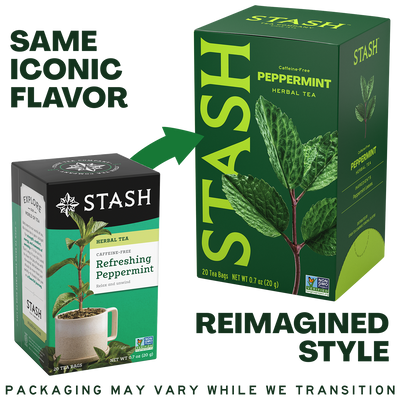 A promotional comparison graphic for Stash peppermint herbal tea showing a smaller old-style tea box on the left and a larger redesigned tea box on the right. Text reads 'SAME ICONIC FLAVOR' and 'REIMAGINED STYLE,' with a green arrow pointing from the old box to the new box.