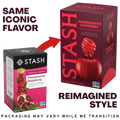 A promotional graphic showing two Stash Pomegranate Raspberry tea boxes side by side, with a red arrow pointing from the smaller black-and-pink version to the larger dark red version. Text reads 'SAME ICONIC FLAVOR' and 'REIMAGINED STYLE,' with a note at the bottom saying packaging may vary while we transition.