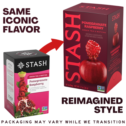 A promotional graphic showing two Stash Pomegranate Raspberry tea boxes side by side, with a red arrow pointing from the smaller black-and-pink version to the larger dark red version. Text reads 'SAME ICONIC FLAVOR' and 'REIMAGINED STYLE,' with a note at the bottom saying packaging may vary while we transition.