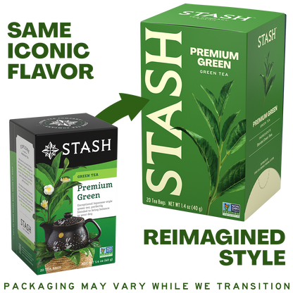 A promotional graphic showing two Stash Premium Green tea boxes on a white background, with text reading 'SAME ICONIC FLAVOR' and 'REIMAGINED STYLE.' The left box is smaller, black, and white, while the right box is larger, green, and features a tea leaf illustration.