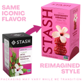A promotional comparison graphic showing two Stash tea boxes for Raspberry Hibiscus herbal tea. On the left, the original box is black with pink and white artwork and text.