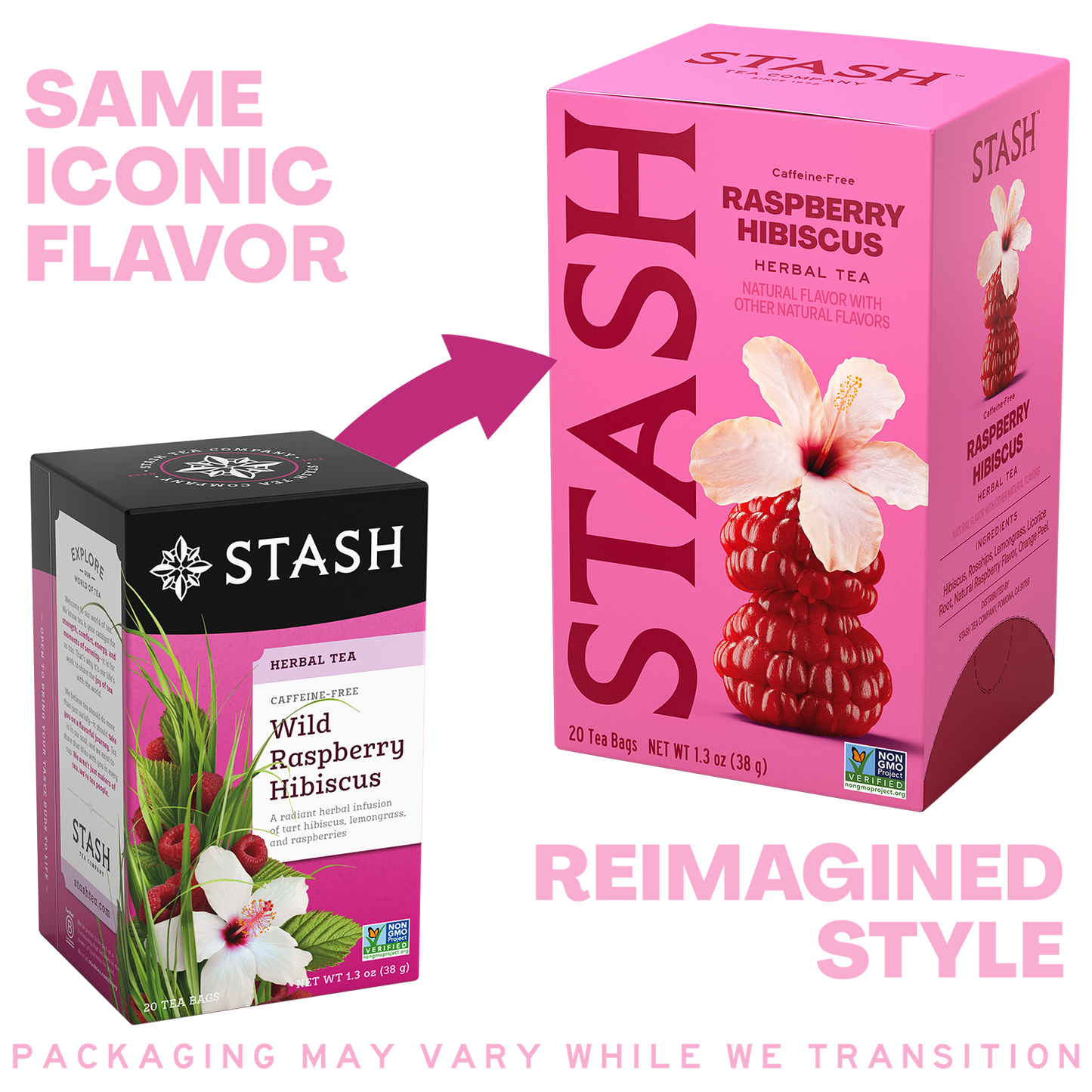 A promotional comparison graphic showing two Stash tea boxes for Raspberry Hibiscus herbal tea. On the left, the original box is black with pink and white artwork and text.