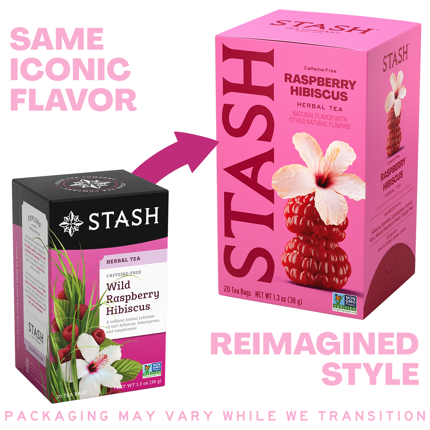 A promotional comparison graphic showing two Stash tea boxes for Raspberry Hibiscus herbal tea. On the left, the original box is black with pink and white artwork and text.