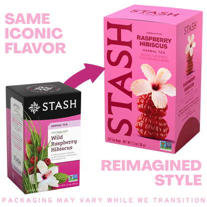 A promotional comparison graphic showing two Stash tea boxes for Raspberry Hibiscus herbal tea. On the left, the original box is black with pink and white artwork and text.