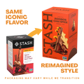 A promotional comparison graphic showing two Stash tea boxes on a white background. The left box is a smaller black-and-orange Stash Herbal Tea box labeled Spice Dragon Red Chai, and the right box is a larger orange Stash Rooibos Chai Spice box.