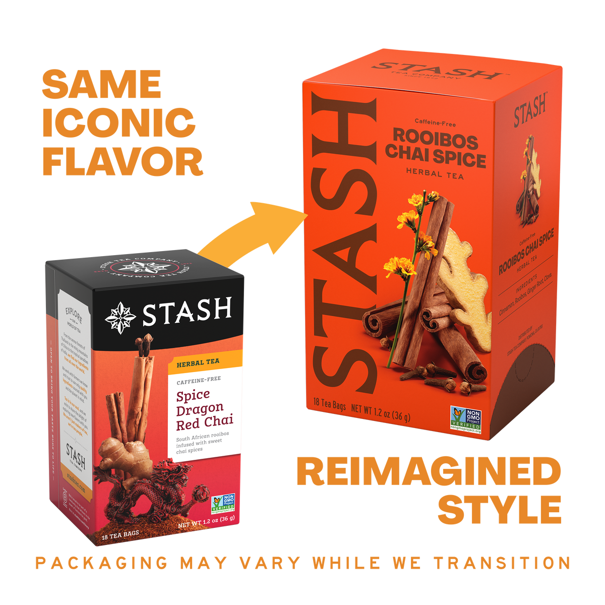 A promotional comparison graphic showing two Stash tea boxes on a white background. The left box is a smaller black-and-orange Stash Herbal Tea box labeled Spice Dragon Red Chai, and the right box is a larger orange Stash Rooibos Chai Spice box.