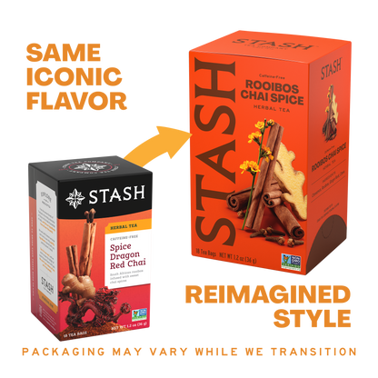 A promotional comparison graphic showing two Stash tea boxes on a white background. The left box is a smaller black-and-orange Stash Herbal Tea box labeled Spice Dragon Red Chai, and the right box is a larger orange Stash Rooibos Chai Spice box.