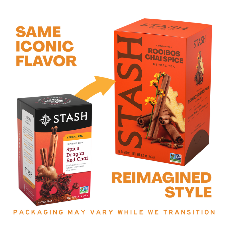 A promotional comparison graphic showing two Stash tea boxes on a white background. The left box is a smaller black-and-orange Stash Herbal Tea box labeled Spice Dragon Red Chai, and the right box is a larger orange Stash Rooibos Chai Spice box.