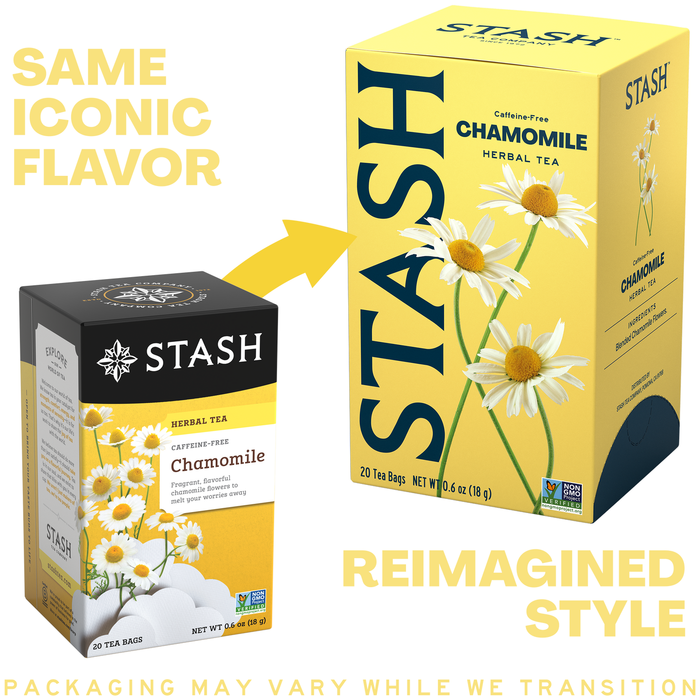 Stash Chamomile tea packaging with a yellow box and black box comparing the two