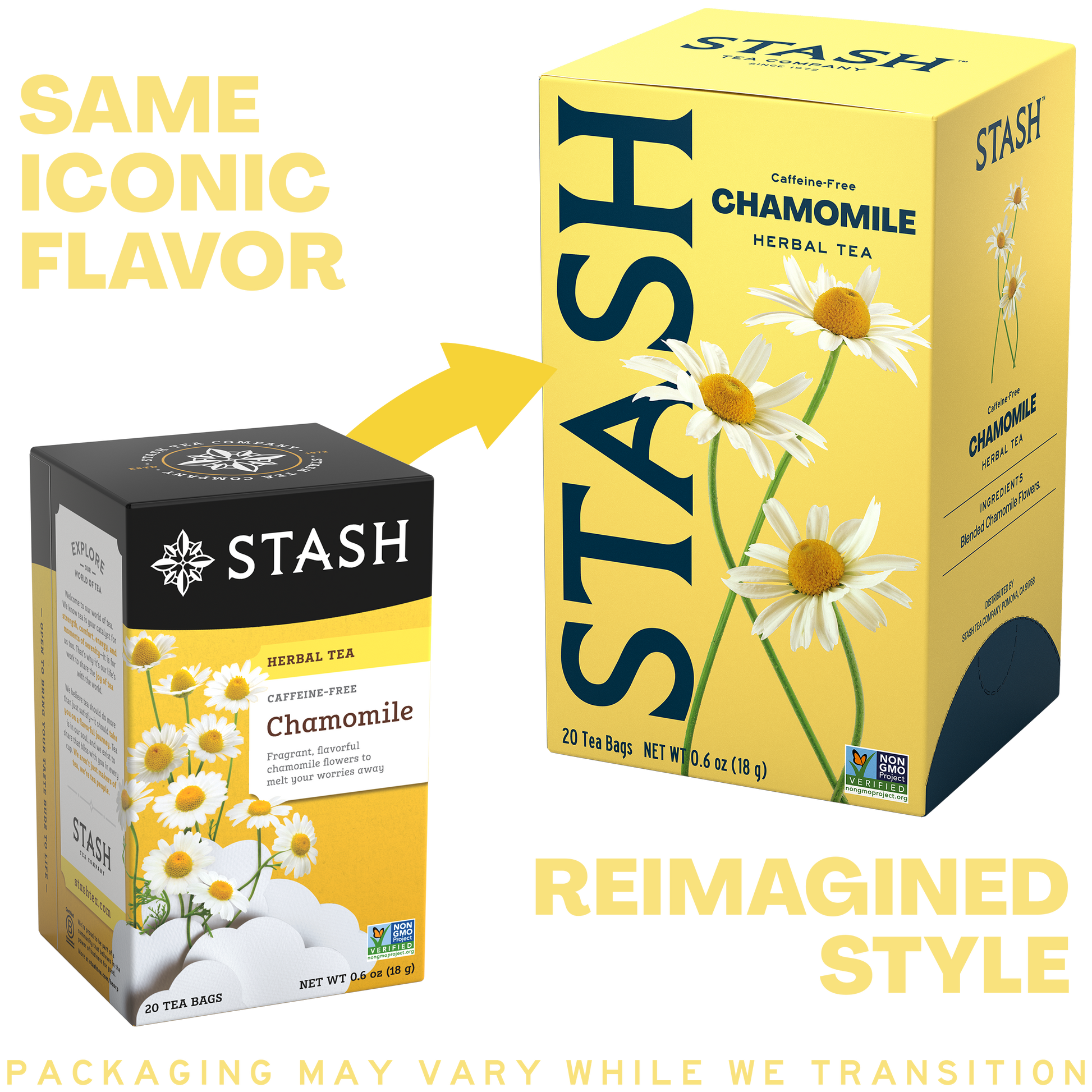 Stash Chamomile tea packaging with a yellow box and black box comparing the two
