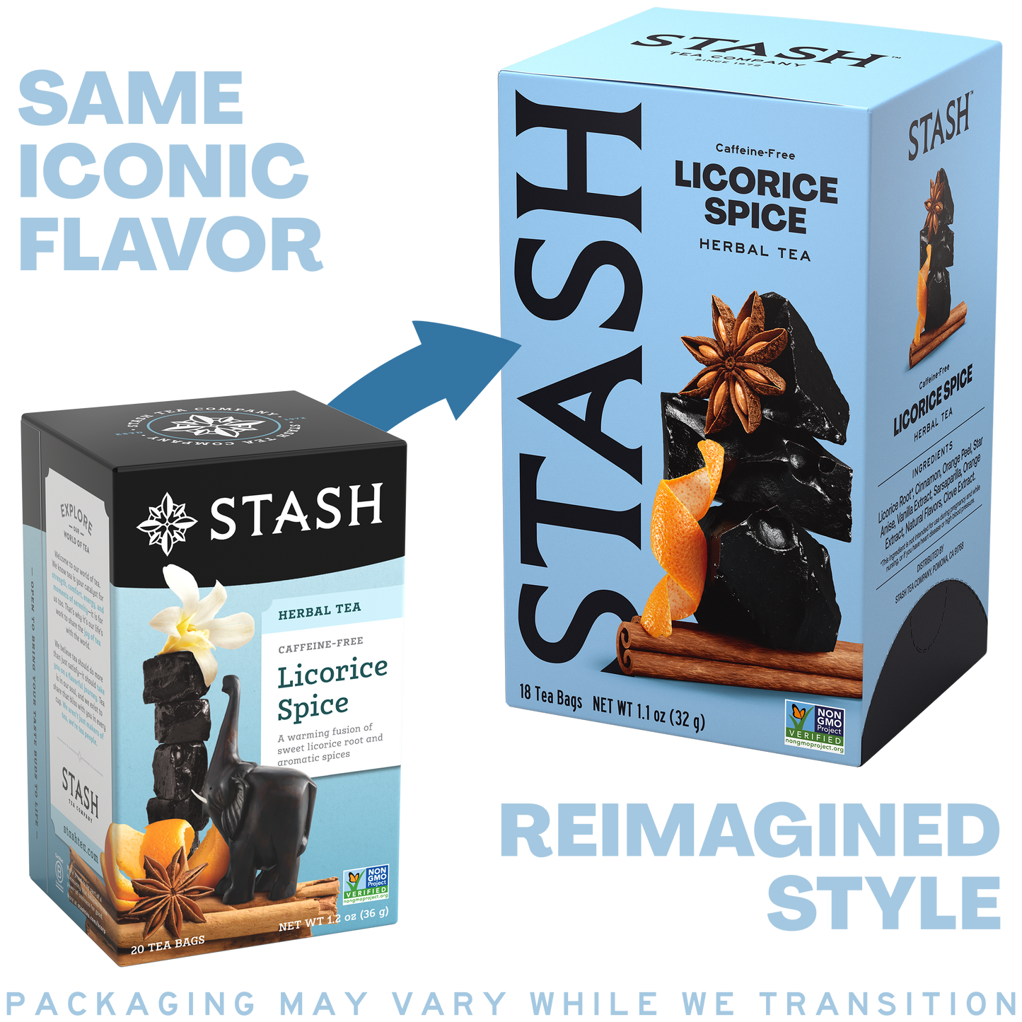 Stash Licorice Spice tea packaging with a comparison between old and new designs