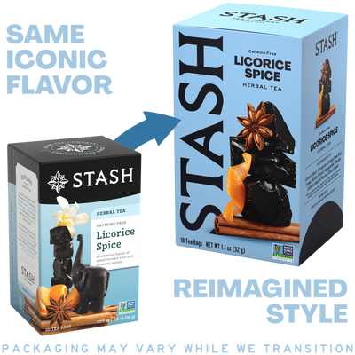 Stash Licorice Spice tea packaging with a comparison between old and new designs