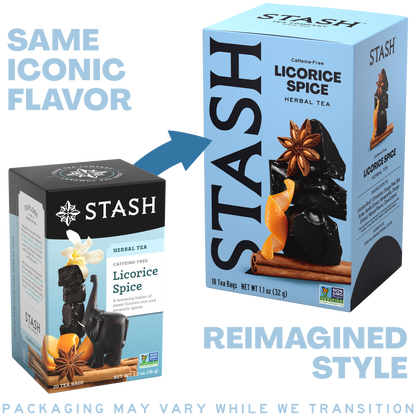 Stash Licorice Spice tea packaging with a comparison between old and new designs