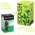 A promotional comparison graphic showing two Stash Moroccan Mint green tea tea bag boxes. The left box is black, white, and green with a hanging teapot illustration, labeled 'SAME ICONIC FLAVOR.