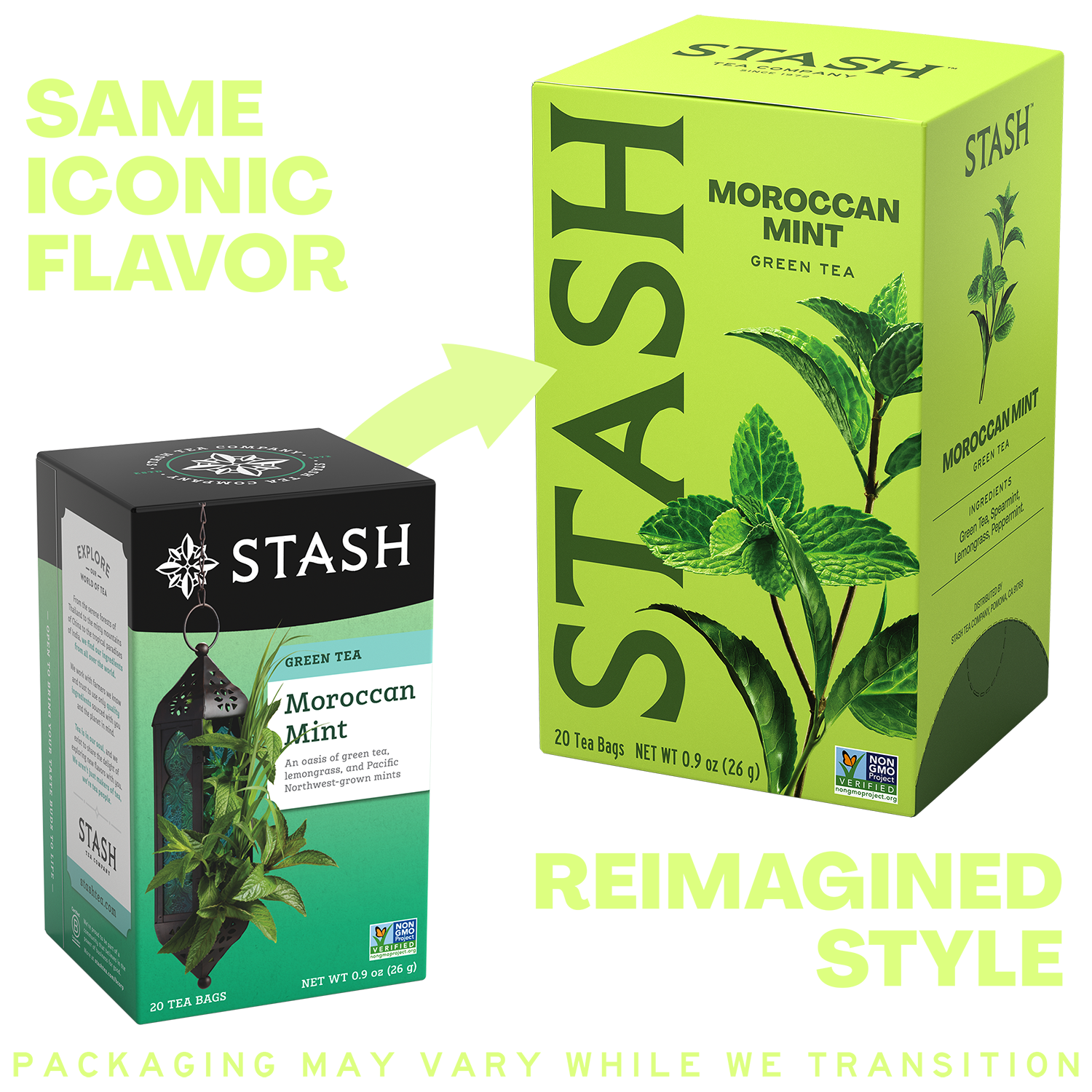 A promotional comparison graphic showing two Stash Moroccan Mint green tea tea bag boxes. The left box is black, white, and green with a hanging teapot illustration, labeled 'SAME ICONIC FLAVOR.