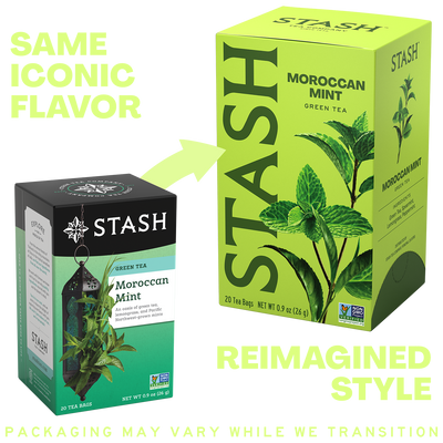 A promotional comparison graphic showing two Stash Moroccan Mint green tea tea bag boxes. The left box is black, white, and green with a hanging teapot illustration, labeled 'SAME ICONIC FLAVOR.