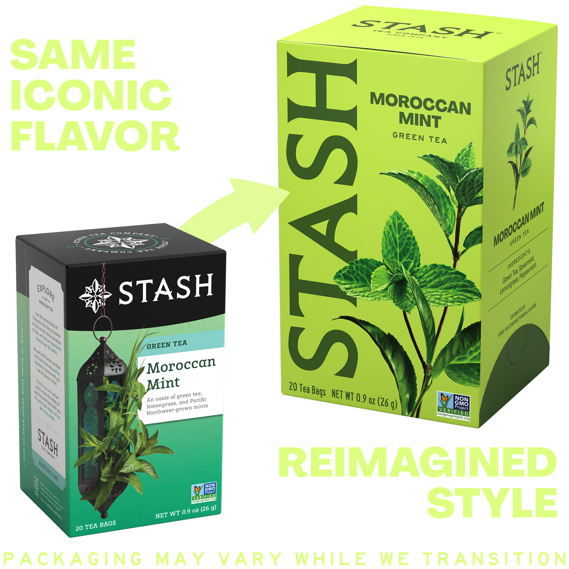Two Stash Moroccan Mint Green Tea packages, one green and one black, comparing old and new boxes