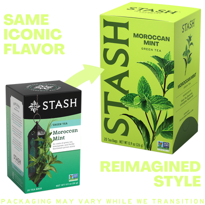 Two Stash Moroccan Mint Green Tea packages, one green and one black, comparing old and new boxes