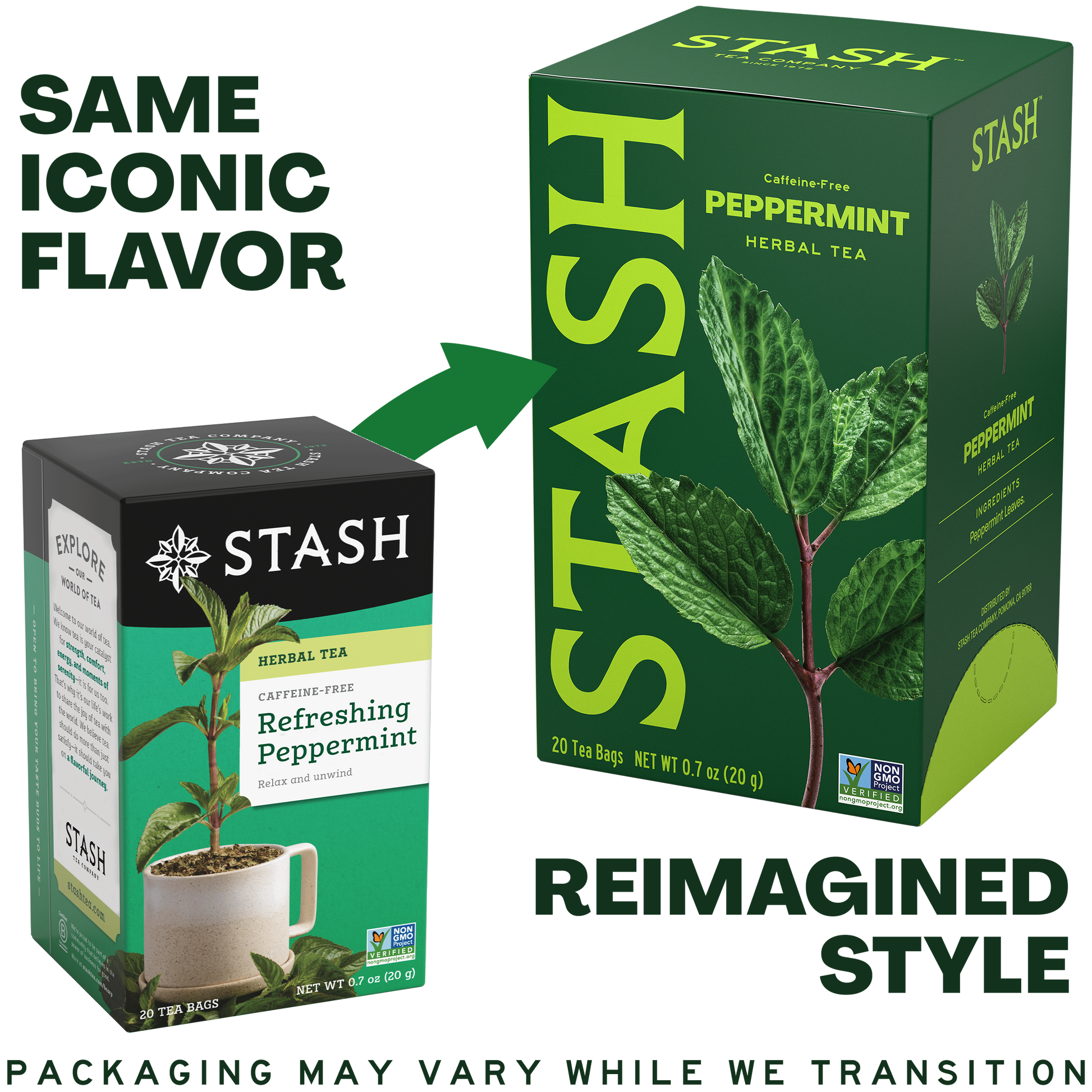 Stash Peppermint Herbal Tea packaging showing reimagined style of new box