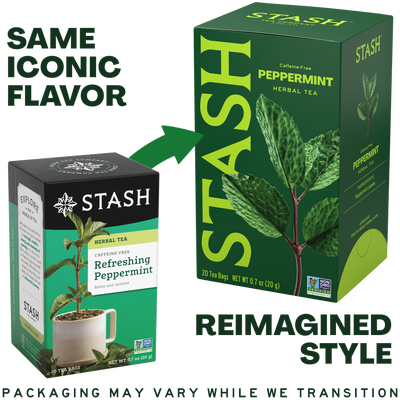 Stash Peppermint Herbal Tea packaging showing reimagined style of new box