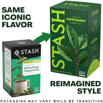 Stash Peppermint Herbal Tea packaging showing reimagined style of new box