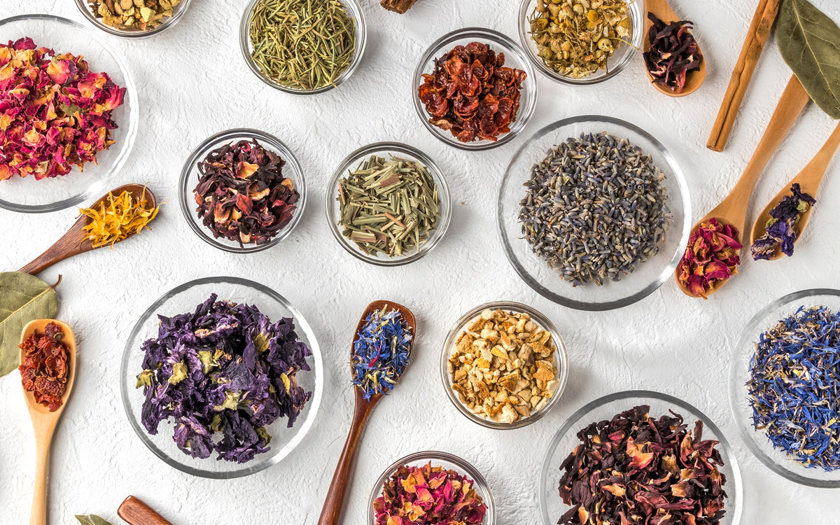 Assorted dried herbs and spices in small bowls on a light surface with wooden spoons.