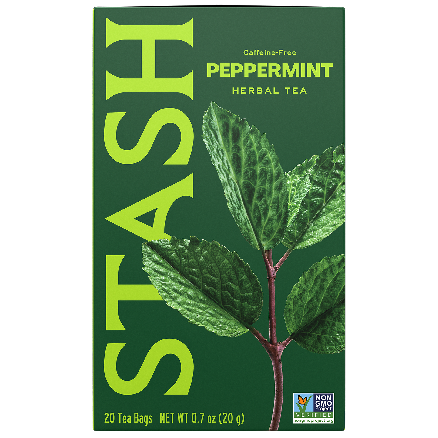 Stash Peppermint Herbal Tea package with green leaves front view of box