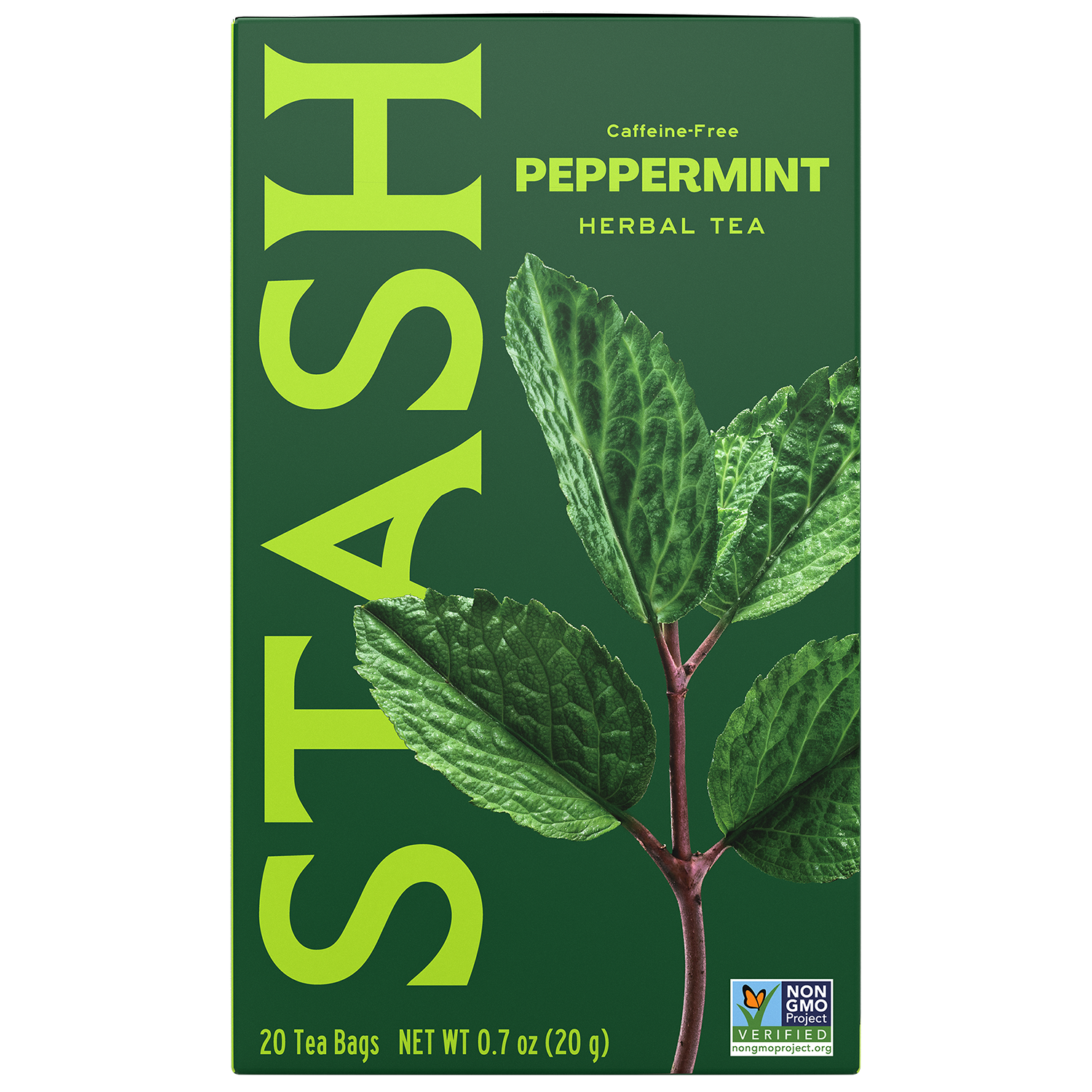 Stash Peppermint Herbal Tea package with green leaves front view of box